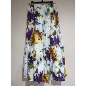 APOLLO Floral Water Color ELASTIC WAIST Maxi SKIRT Boho Cottage Gauze Sz Med